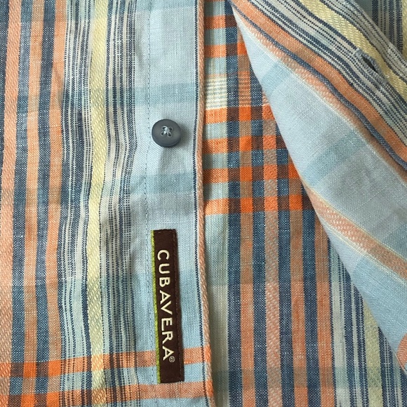 Cubavera Shirt Mens L 100% Linen Blue Orange Plaid Short Sleeve - Picture 10 of 11
